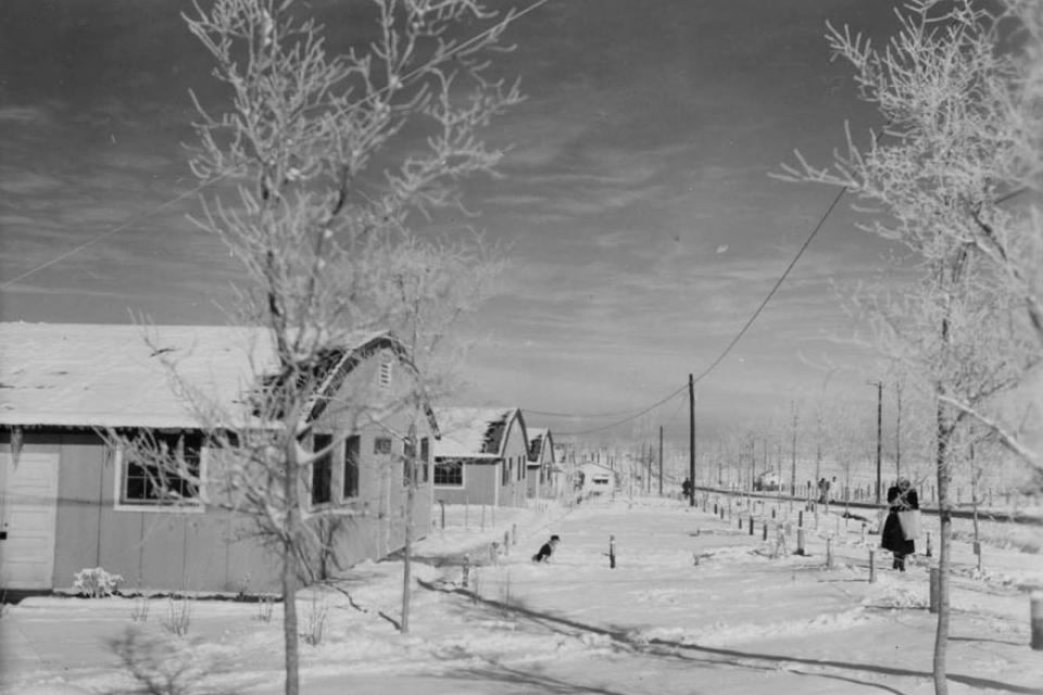 Amache administration building in snow
