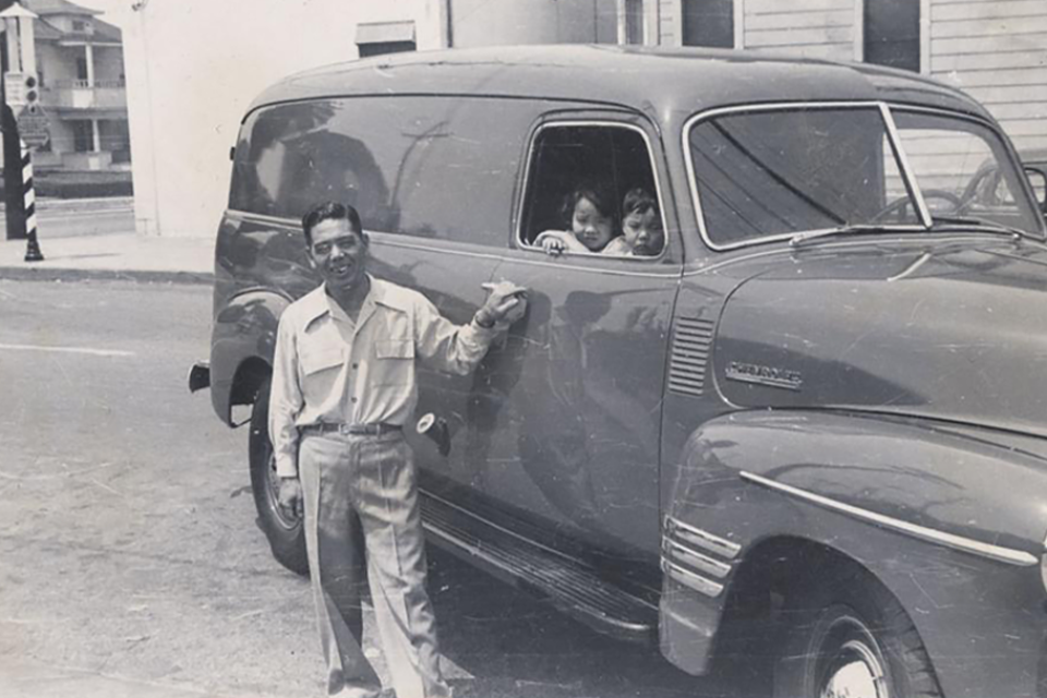 photo of fish truck over photo collage of cars in background