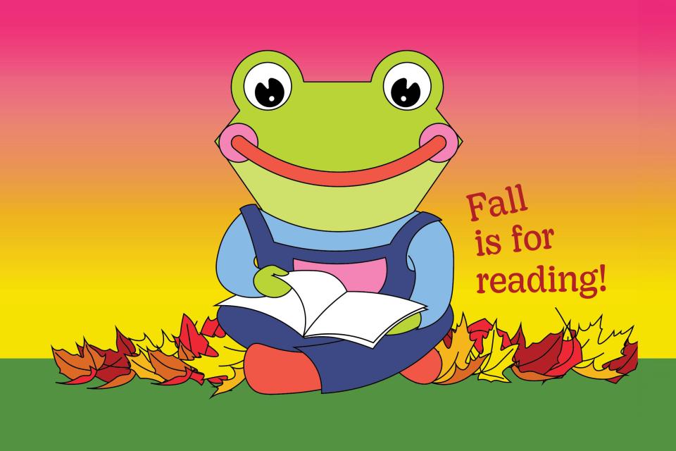 illustration of a frog reading a book with the words Fall is for reading