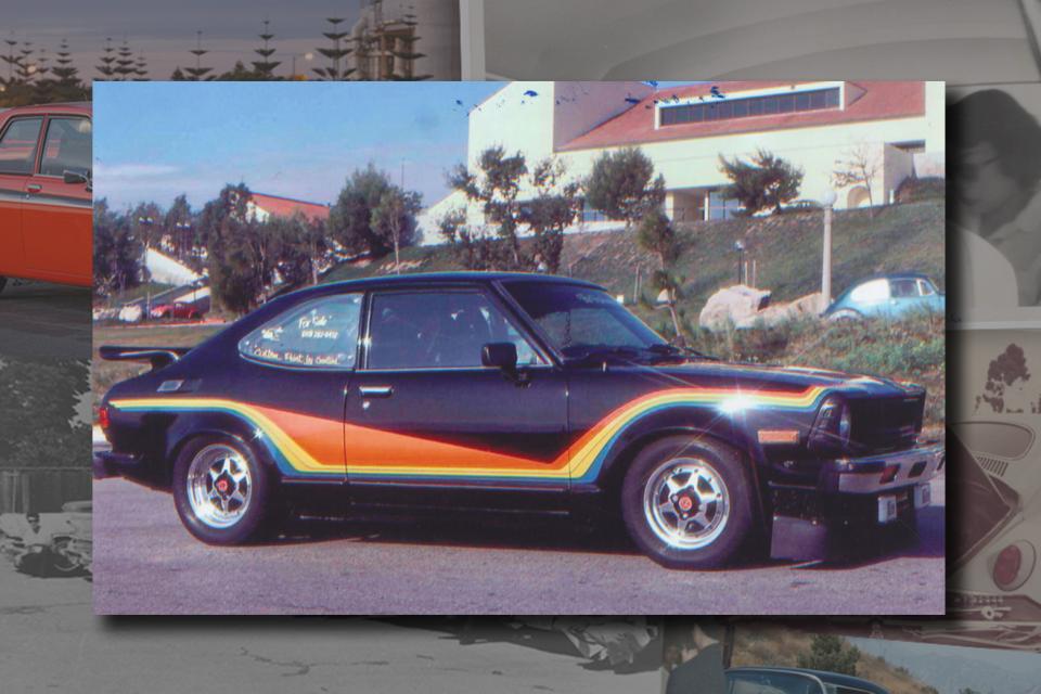 vega with rainbow stripes on background of vintage cars