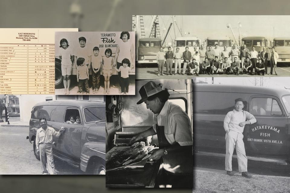 Various vintage photos of Japanese American fish trucks