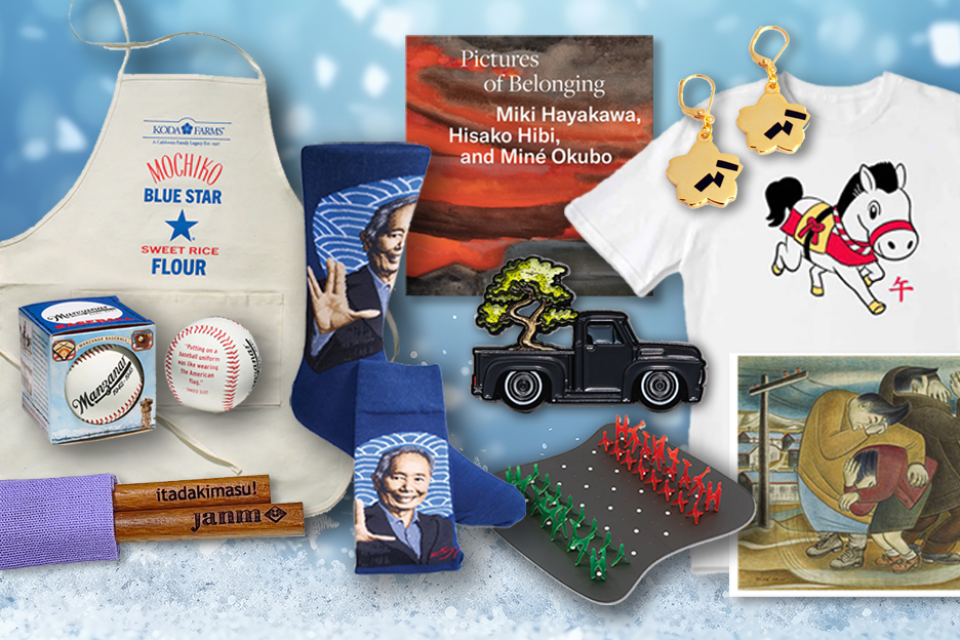 various gift store items like apron, enamel pin, year of horse t-shirt, baseball, chopsticks, chess set and book, print, cembe earings on top of a snowflake background