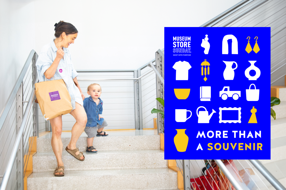Mom and son with JANM shopping bag with poster of Museum Store Sunday, shop with purpose and icons of gifts, more than a souvenir