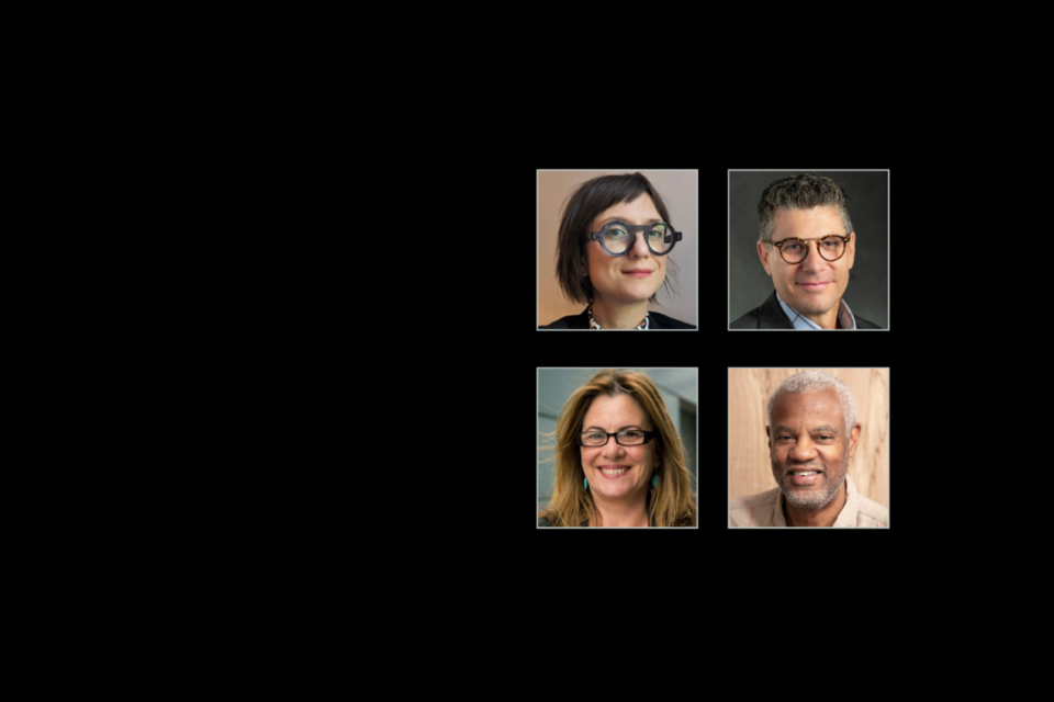 four color photos of the speakers for the event on a black background
