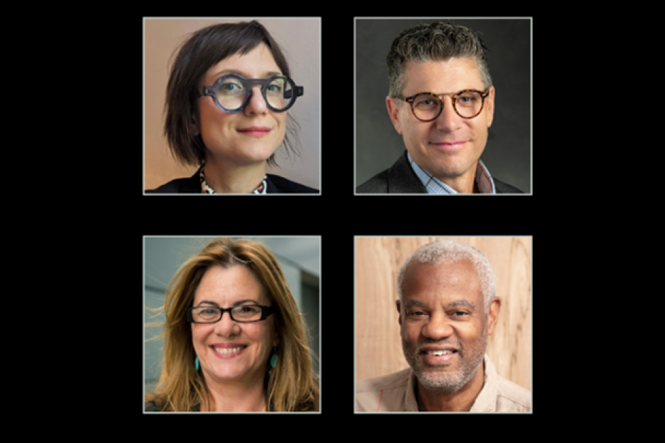 four color photos of the speakers for the event on a black background