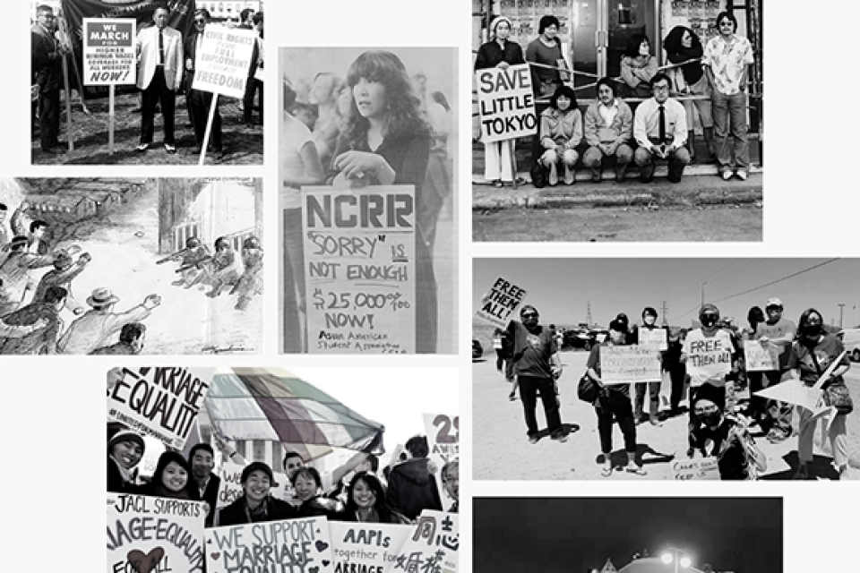 Various photos of Japanese Americans protesting