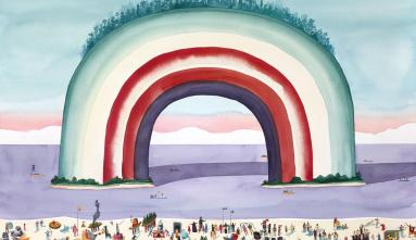 graphic illustration depicting colorful rainbow and beach scene with people on shore