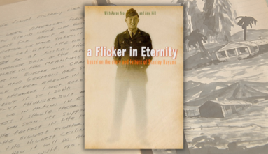 banner with diary open showing written and illustrated entries. On top of the background image, the cover of A Flicker in Eternity film
