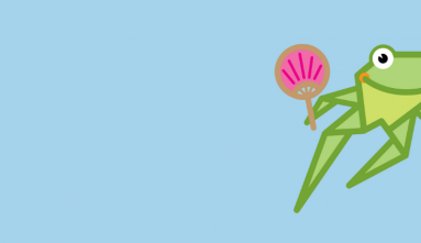 A cartoon frog that looks like it was folded from origami and holding pink and yellow fans floats in front of a light blue background