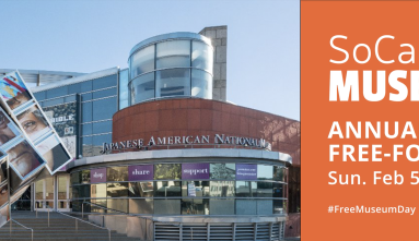 photo of JANM building street view juxtaposed next to an orange square graphic that reads, "SoCal Museums Annual Free-For-All Sun. Feb. 5, 2023 #FreeMuseumDay"