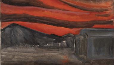 Hisako Hibi painting of barracks in camp with red sky