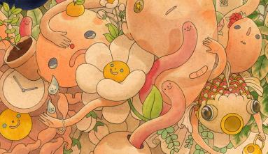 illustration by felicia chiao colorful playful flowers and worms with smiling faces