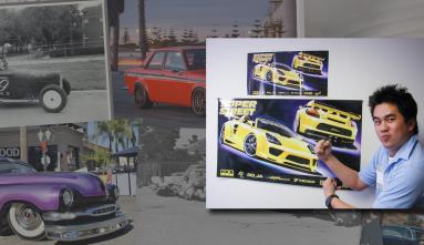 Jonathan Wong in front of Motortrend magazine spreads