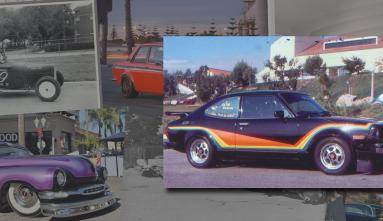 vega with rainbow stripes on background of vintage cars