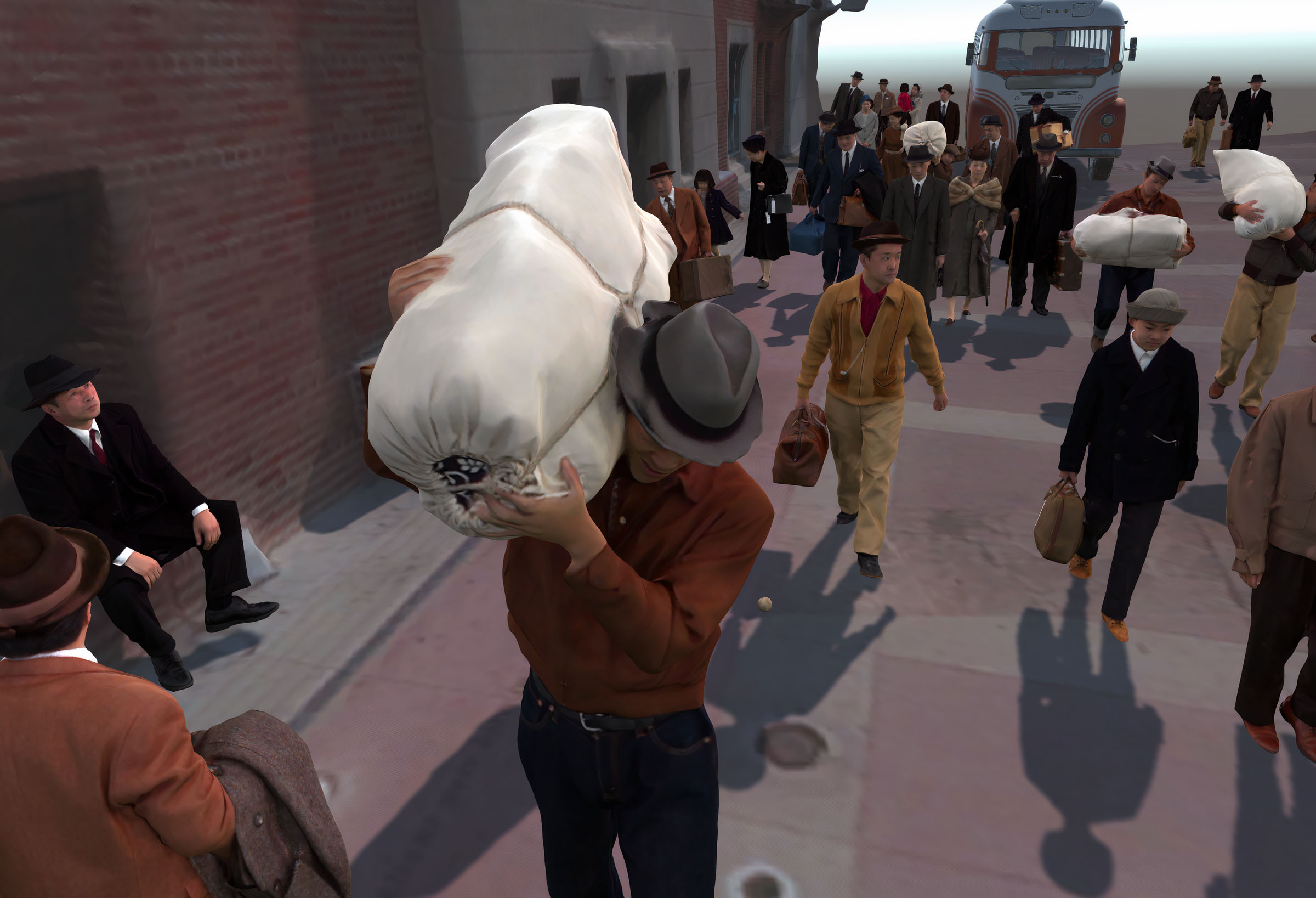 Characters from AR installation in front of the Nishi Hongwanji Buddhist Temple