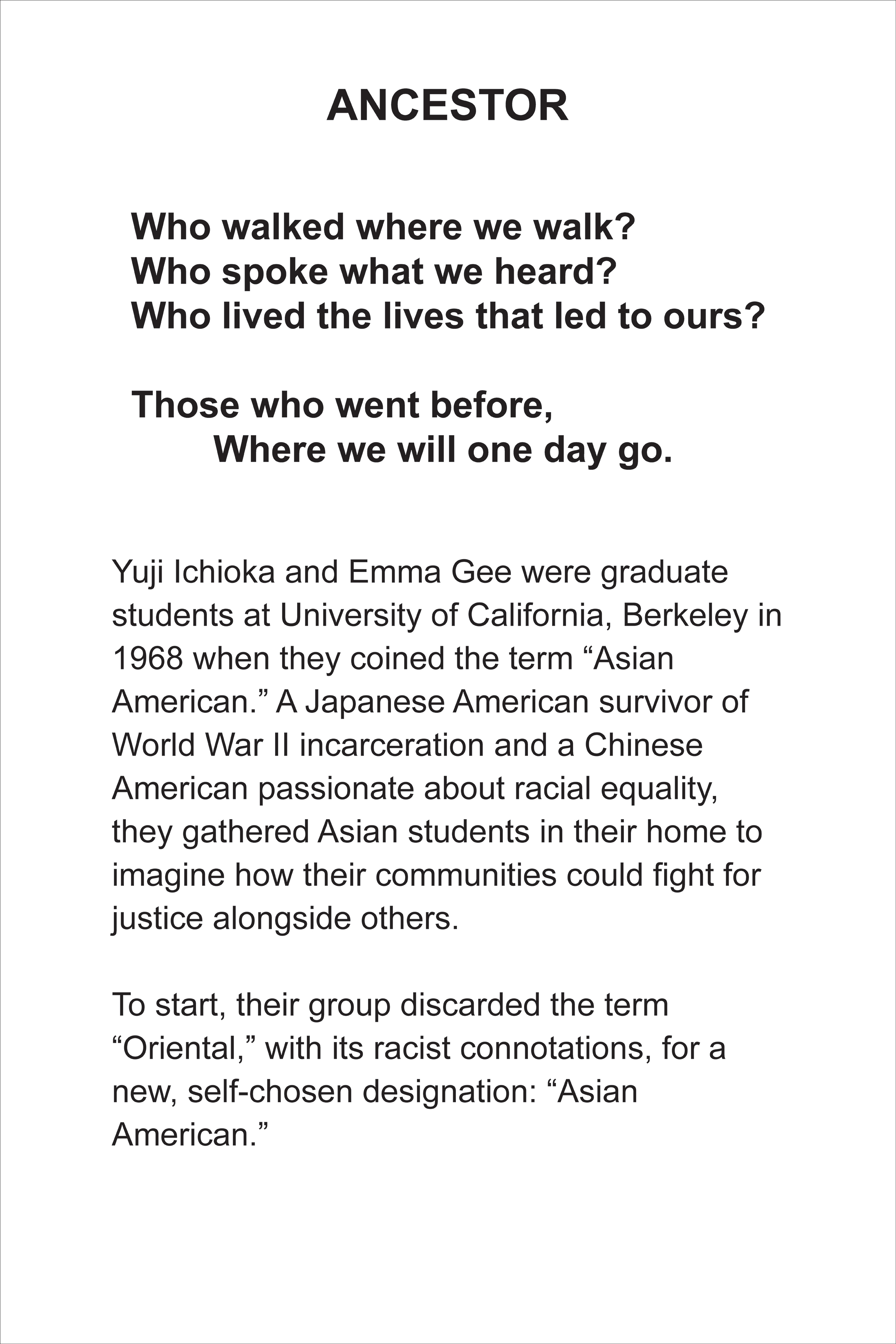 An American Vocabulary flash card back for Emma Gee and Yuji Ichioka with poem and history